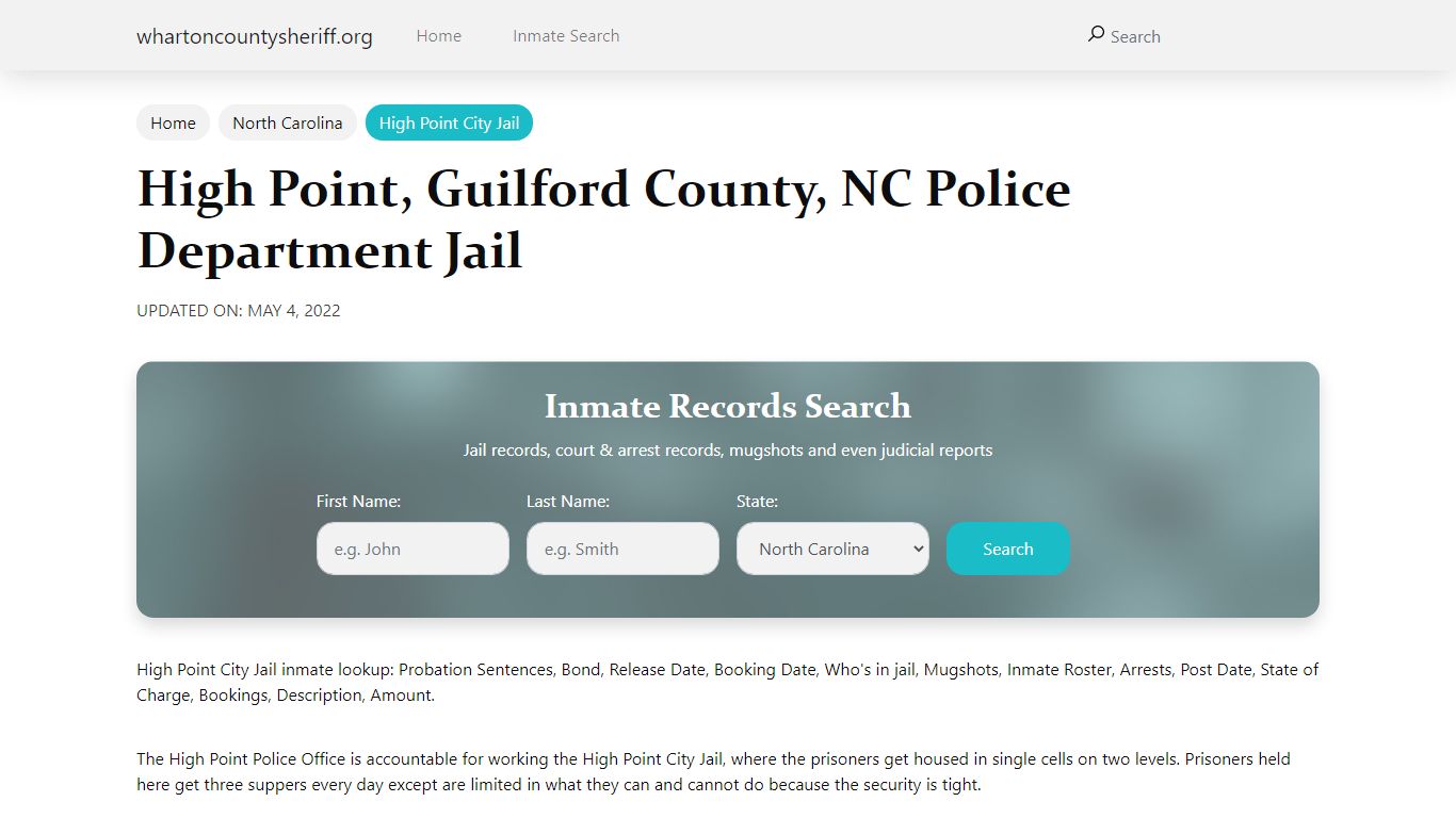 High Point, NC City Jail Inmates, Arrests